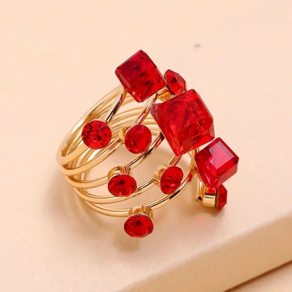 Elegant Red Glass and Gold Spring Coil Adjustable Ring